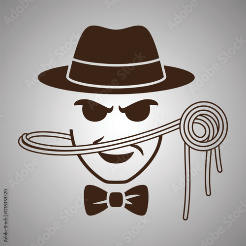Brown fedora hat wearing cartoon face with mustache and bow tie holding spaghetti male character
