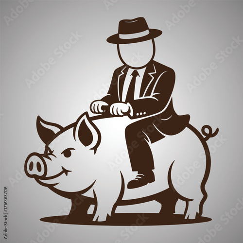 Stylized man in suit and hat riding a pig vector