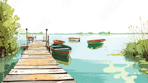 Tranquil Lakeside Pier with Moored Boats and Reflection in Water