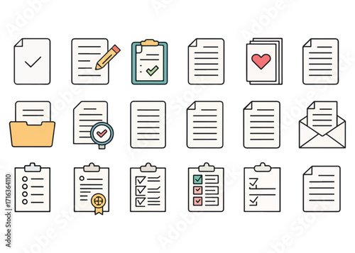 Set of paper documents and clipboards with various icons and signs related to business and office work