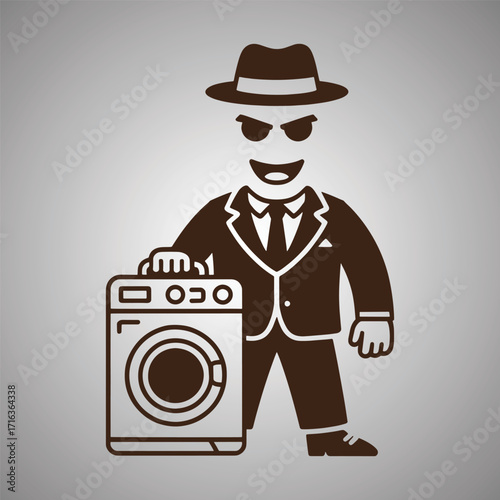 Cartoon man in fedora and suit standing next to washing machine illustration laundry