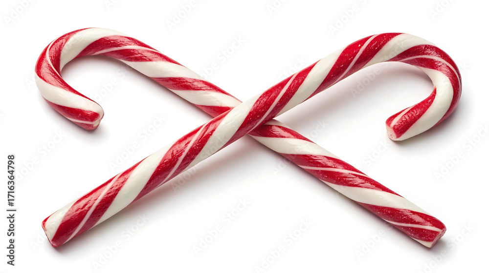 Fototapeta premium Traditional red and white candy canes crossed on white background, ideal for Christmas sweets, holiday packaging, festive promotions, and seasonal product mockups.