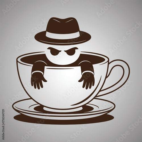 Cartoon figure wearing a fedora hat peeking out of a coffee cup saucer character