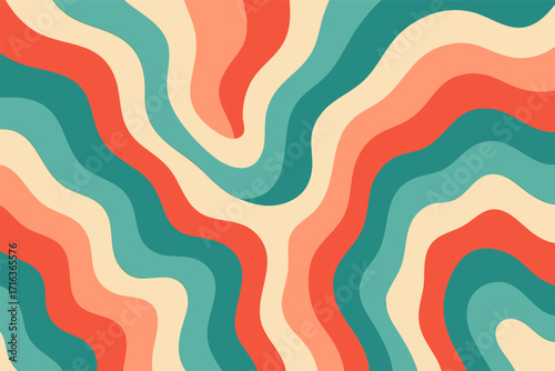Abstract horizontal background with vintage colorful waves, Trendy vector illustration in style retro 60s, 70s.