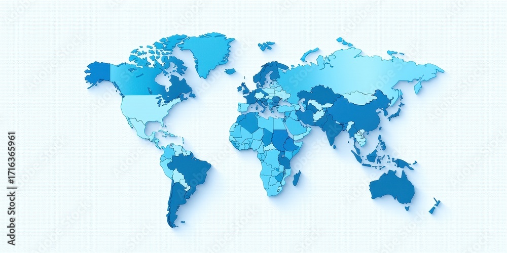 Obraz premium Detailed World Map with Various Blue Shades and Clean Background