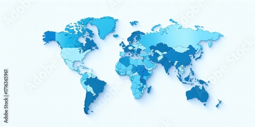 Detailed World Map with Various Blue Shades and Clean Background