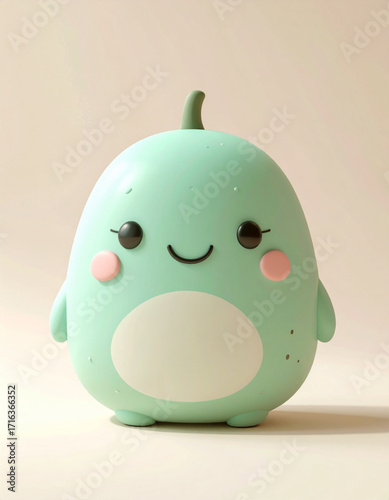 Cute pastel mint kawaii character with smiling face, 3D illustration isolated
Adorable pastel mint character with a smiling face, round body, and rosy cheeks in kawaii style. 3D illustration with soft