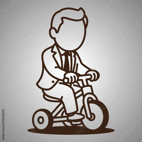 Cartoon man in suit riding a tricycle with brown outline vector