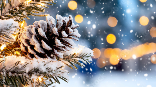 A Christmas tree with two golden ornaments hanging from it