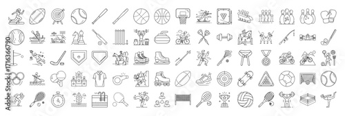 Diverse collection of outlined sports icons showcasing various athletic activities and equipment