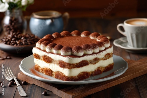 Tiramisu cake on a plate dusted with cocoa with coffee beans flowers and a cup of coffee in the background