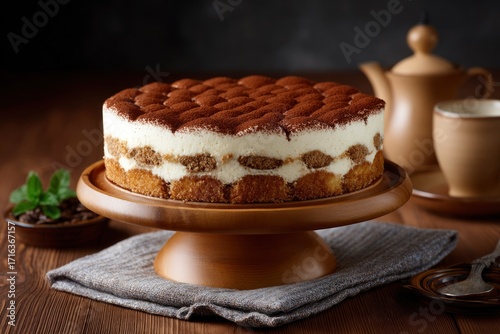 Tiramisu cake on a wooden stand dusted with cocoa powder next to a tea set