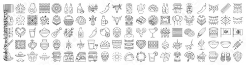 Outlined illustration depicting numerous objects and items representing Mexican culture and festivities