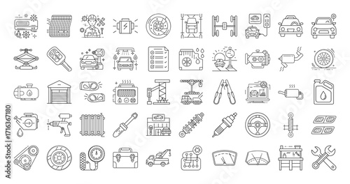 Comprehensive Set of Car Service and Repair Icons in Outline Style