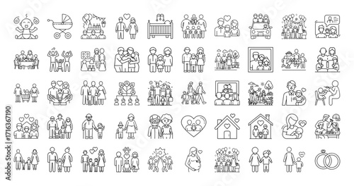 Comprehensive Collection of Family and Relationship Icons in Simple Line Art Style