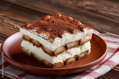 Tiramisu dessert layered on a plate dusted with cocoa powder Set on a red and white checkered napkin with a wooden background
