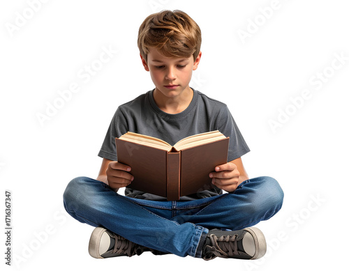 Young Boy Sitting Cross-Legged Reading a Book, Transparent Background