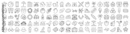 Collection of summer and outdoor activities with black and white line art