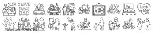 Line drawing of family activities, values, and love for family members