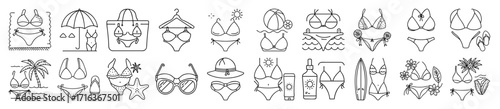 Various illustrations of swimwear and summer beach accessories line art style