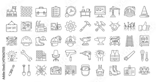 Labor Day and Construction Tools in Line Art Pictogram Style