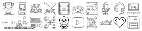 Collection of Gaming Icons Representing Various Aspects of Video Games and Technology