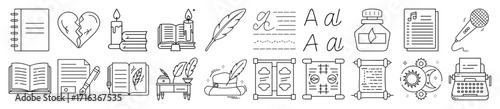 Diverse collection of writing related elements in a clean, black outline style