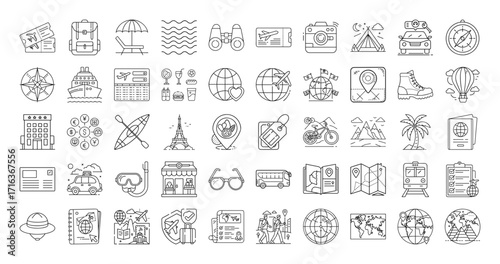 Set of linear icons for travel and tourism related activities and adventures