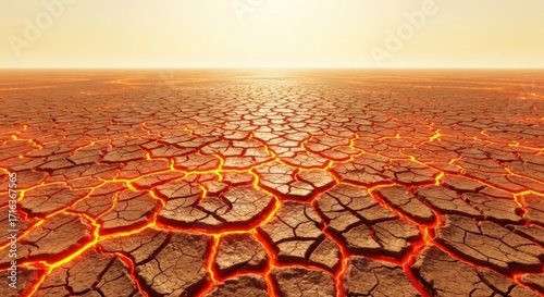 Dry Cracked Earth with Lava Flows and Bright Sunset Sky