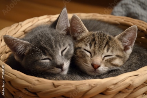 Two kittens one gray and one tabby asleep in a wicker basket