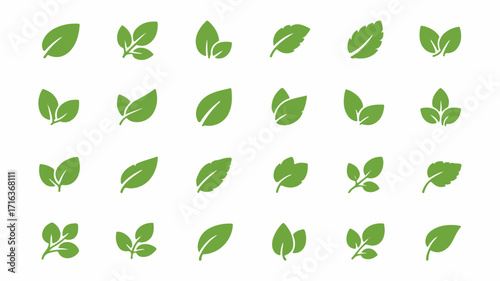 A collection of green leaf icons in a minimalist flat vector style. This diverse set of natural symbols represents ecology, organic products, and environmental themes