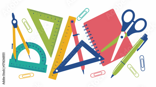 Collection of colorful school supplies and stationery for education and learning, including rulers, scissors, notebooks, and drawing tools for creative arts