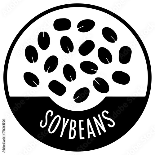 Black and white circular icon with soybeans and text
