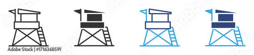 Lifeguard tower icon set in outline and flat style, lifeguard tower icon on ocean waves, vector illustration