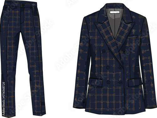 Fashion illustration, double breasted blazer, tailored pants, matching suit set, grid pattern, formal wear, garment design, technical drawing, stylish outfit, modern clothing, apparel sketch,