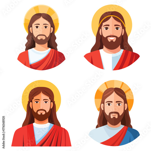 Set of stylized portraits of Jesus Christ in modern art style. Vector illustration. 