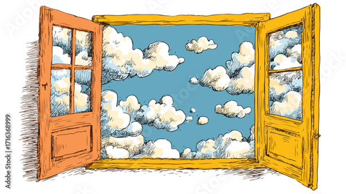 Whimsical Cartoon Vector of Open Window with Curtains