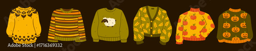 A cozy autumn woolen sweater collection with warm knitwear with seasonal patterns like pumpkins, apples, leaves, and stripes. Casual outfit set. Warm knitted sweatshirt. Fall season. Thanksgiving Day.