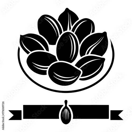 Black and white illustration of peanuts in a bowl with a banner