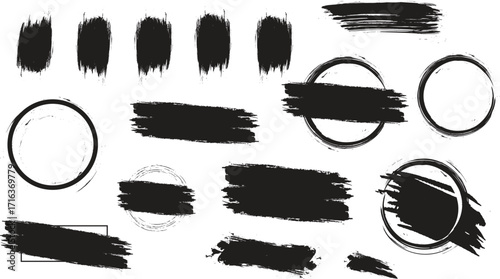 Mega bundle of different ink brush strokes:rectangle,square and round freehand drawings.Ink splatters,grungy painted lines,artistic design elements:waves,circles,triangles.