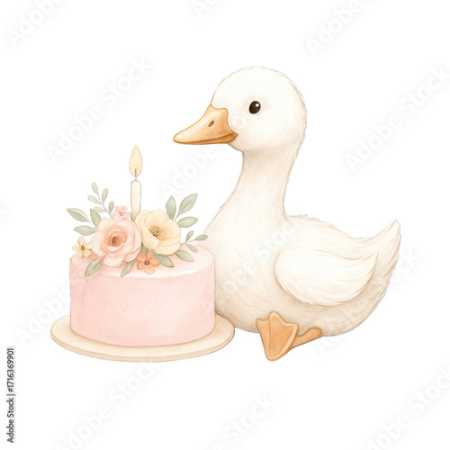 Cute duck with pink cake and flower decoration celebrating