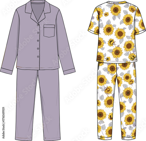 Solid color pajama set, floral print sleepwear, long sleeve nightwear, short sleeve pajamas, comfortable loungewear, stylish homewear, men women unisex sleep clothing, cozy bedtime fashion
