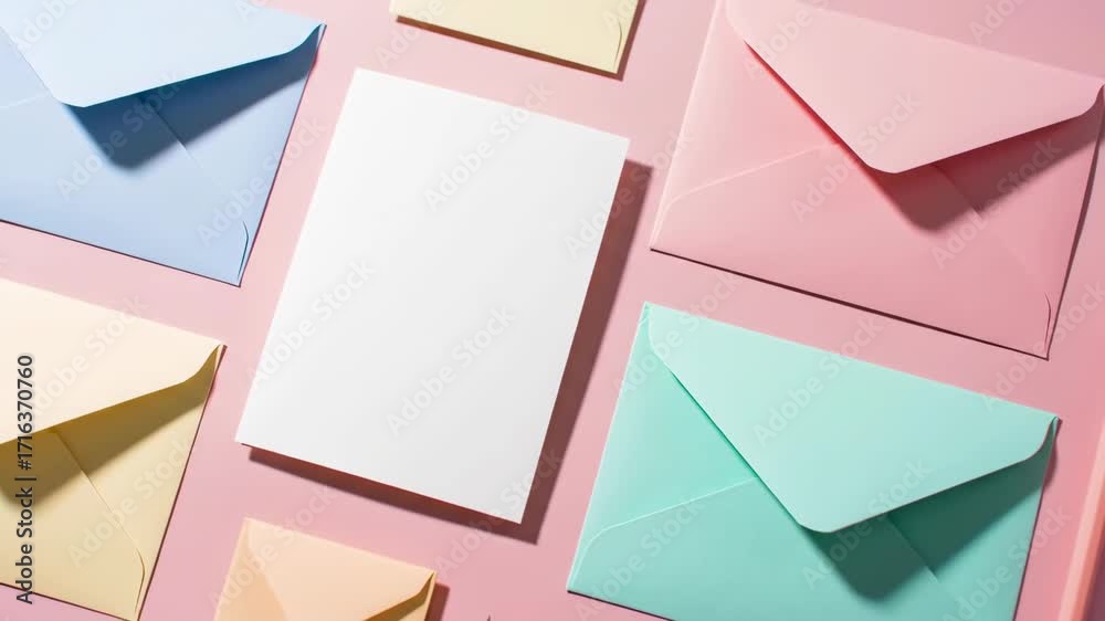 Pastel envelopes and blank card on pink surface, invitation mockup