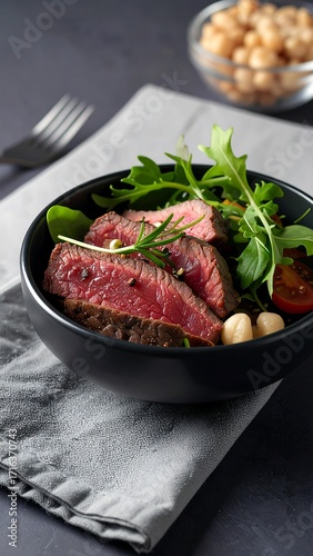 Grilled steak salad in a bowl