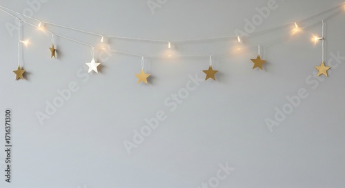 Gold star string lights Festive decoration Holiday lights Warm light Minimalist design White background
