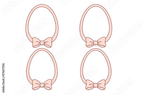 Set of egg-shaped pink ribbon frames with coquette bows. Vintage girly border collection for spring, Easter holidays. Trendy design elements for greeting cards and invitations.