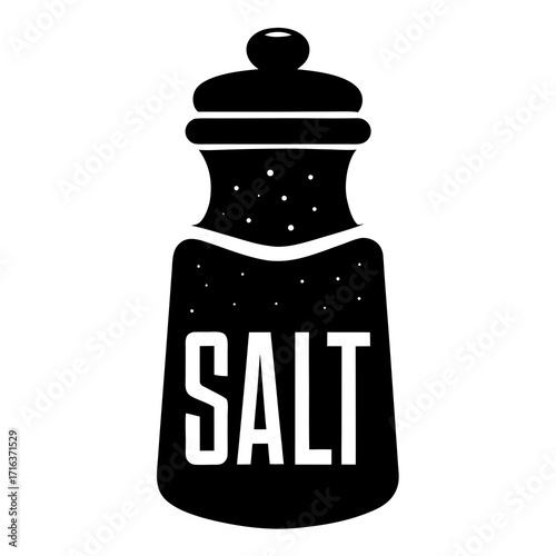 Black salt shaker with white text and dots seasoning