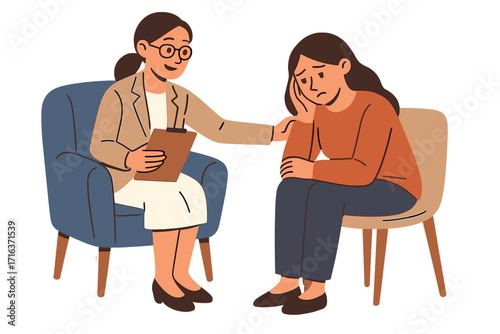 Psychologist supports depressed patient. Psychotherapy session for mental health. Woman at counseling. Doctor comforts sad person. Therapy for depression, anxiety. Vector.
