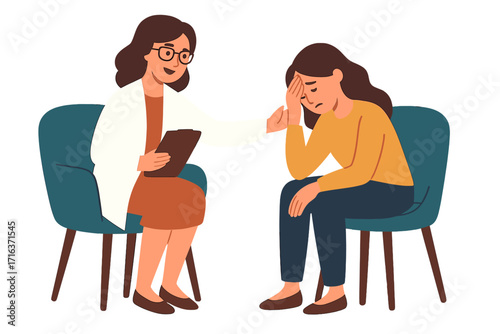 Psychologist supports a sad patient. Woman in a psychotherapy session with a therapist. Mental health care, depression treatment, counseling, and emotional support concept. Vector.