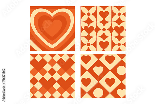 Groovy Valentine's Day retro backgrounds set. Collection of 70s style square patterns with hearts. Geometric vintage love concept design for greeting card and cover.